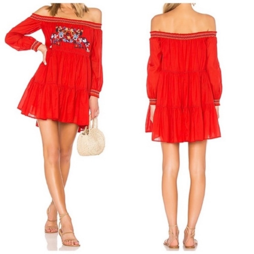 NEW Free People Sunbeam Red Floral Embroidered Off The Shoulder Mini Dress S - Picture 3 of 12